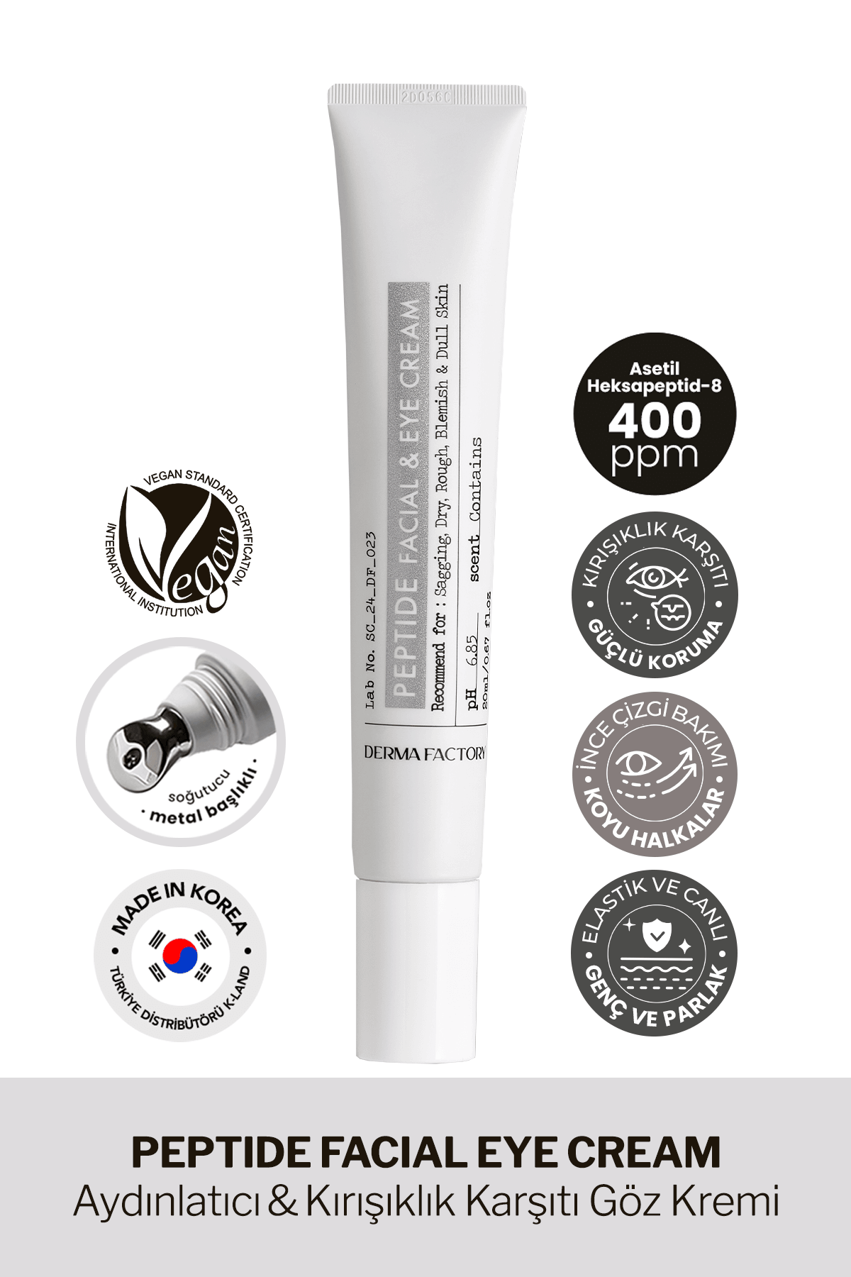 Peptit İçeren Sıkılaştırıcı Masaj Başlıklı Göz ve Yüz Kremi Derma Factory Peptide 20ml