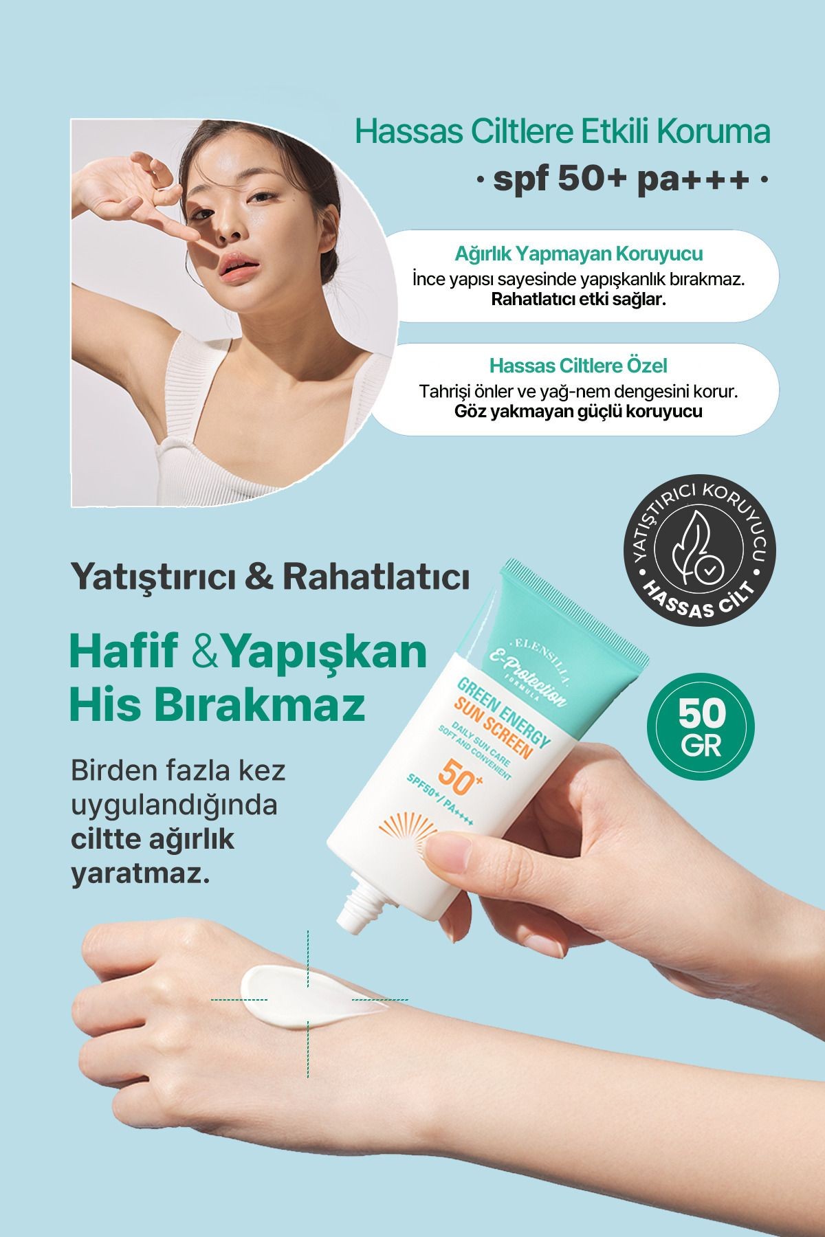 Hassas Ciltlere Özel Yatıştırıcı SPF50+PA++++ Kore Güneş Kremi Elensilia Green Energy Sun Screen