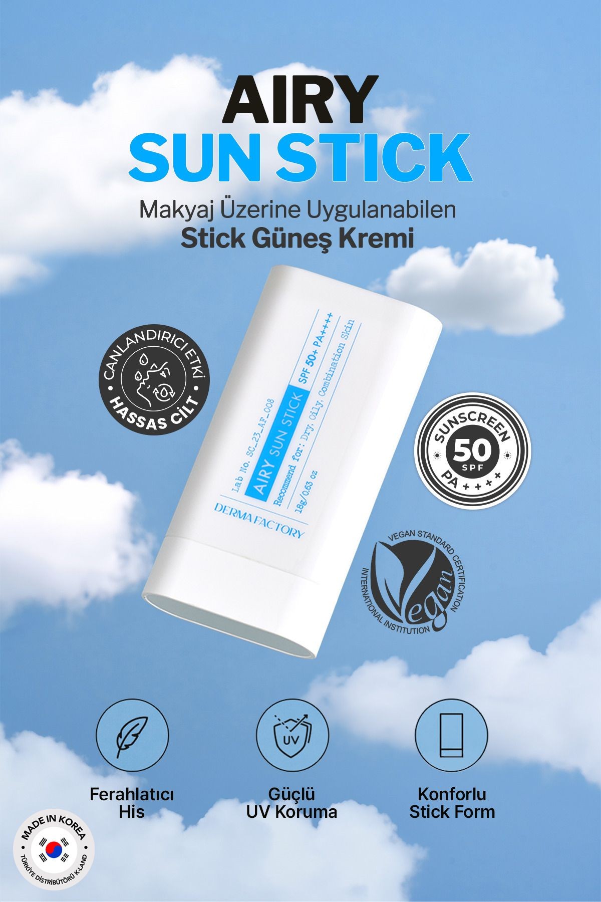 Yağlı ve Karma Ciltler İçin Mat Stick Güneş Koruyucu Derma Factory Airy Sun Stick SPF 50+ PA++++