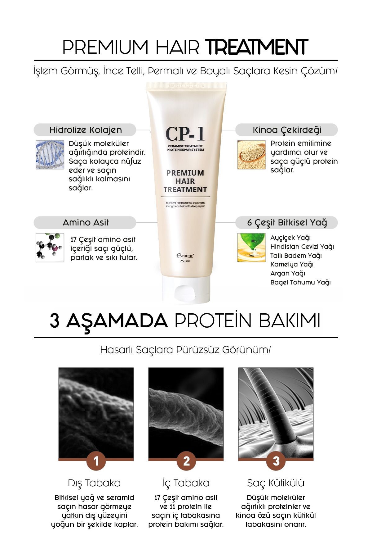 CP-1 Hasar Görmüş Saçlara Özel Besleyici Nemlendirici Saç Bakım Maskesi Premium Hair Treatment 250ml