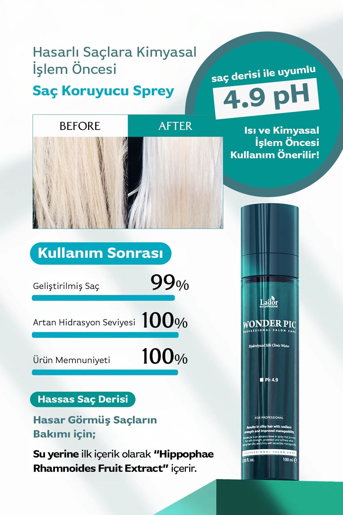 Hasarlı Saçlar İçin Kurutma ve Kimyasal İşlem Öncesi Saç Koruyucu Sprey Lador Wonder Pic Hair Water