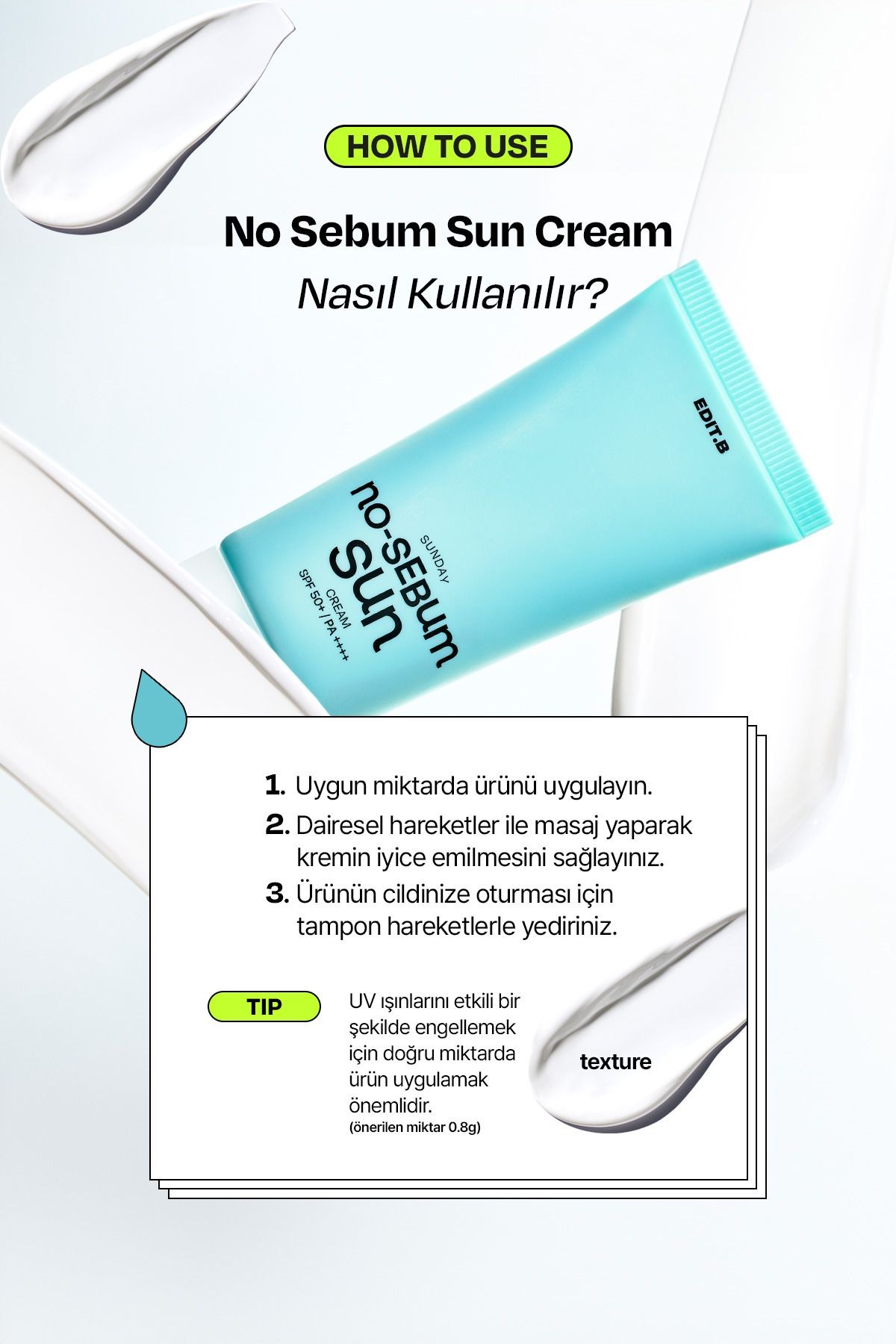 Yağlanma ve Gözenek Karşıtı Nemlendirici Fiziksel Güneş Kremi EDIT.B No Sebum Sun Cream SPF50+PA++++