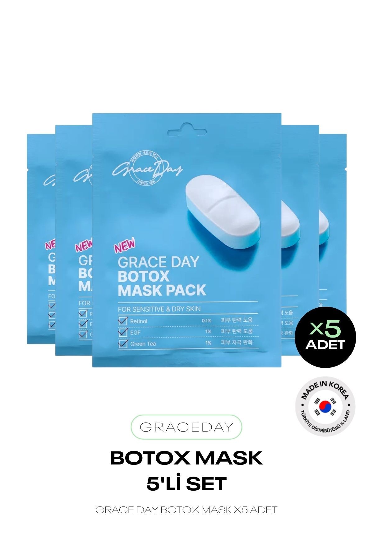 x5 Adet Avantajlı Set - Retinol Ve Egf Içeren Botoks Maske GRACE DAY Botox Mask Pack