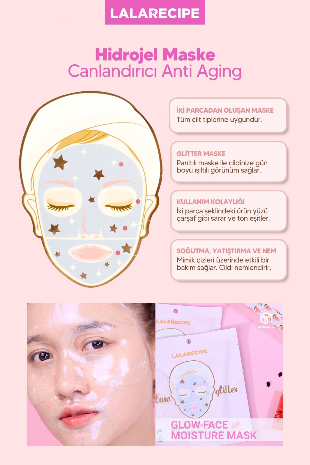 Nemlendirici ve Aydınlatıcı Cam Cilt Glitter Maske LALARECIPE Glow Moisture Mask