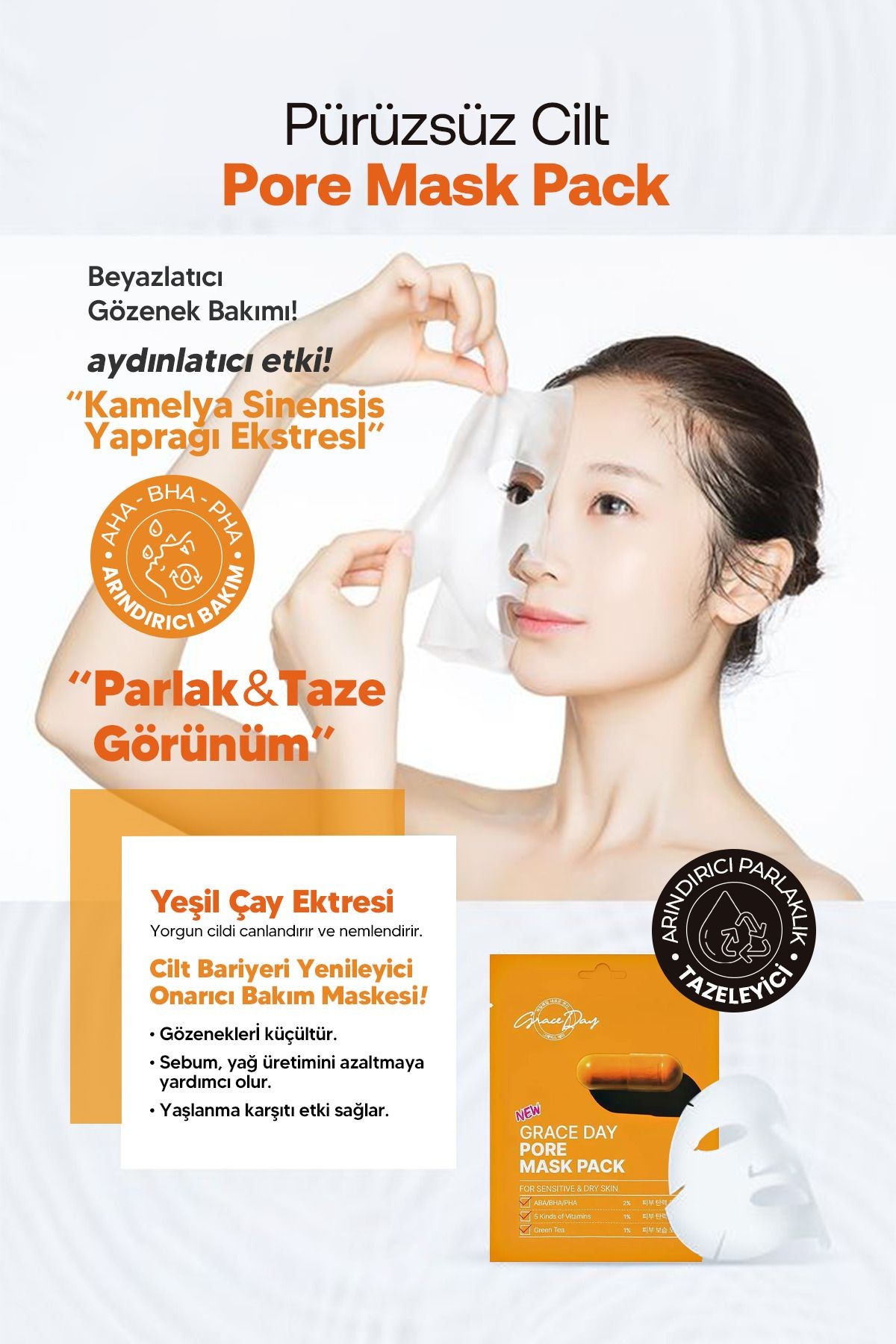 Gözenek Bakımı İçin Vitamin ve AHA BHA PHA İçeren Kağıt Maske Grace Day Pore Mask Pack