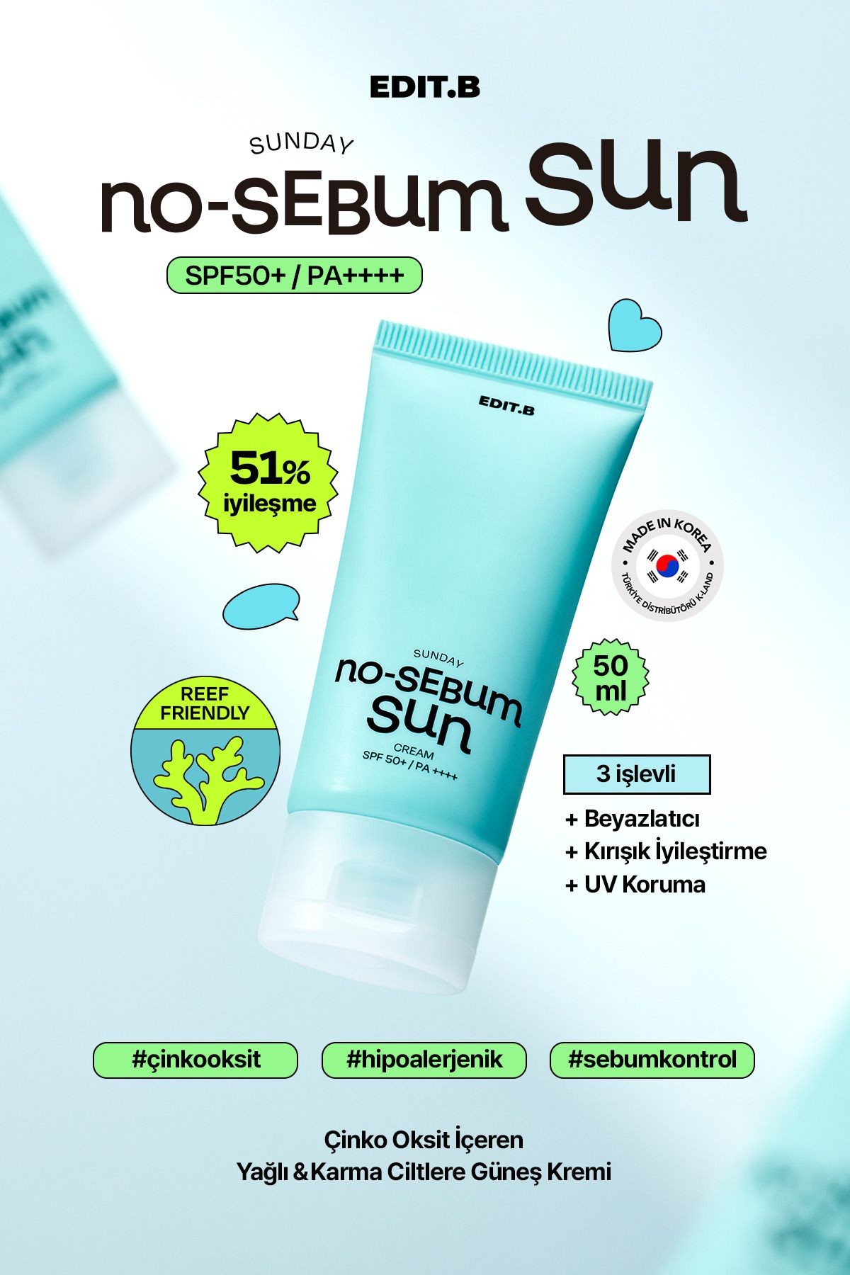 Yağlanma ve Gözenek Karşıtı Nemlendirici Fiziksel Güneş Kremi EDIT.B No Sebum Sun Cream SPF50+PA++++