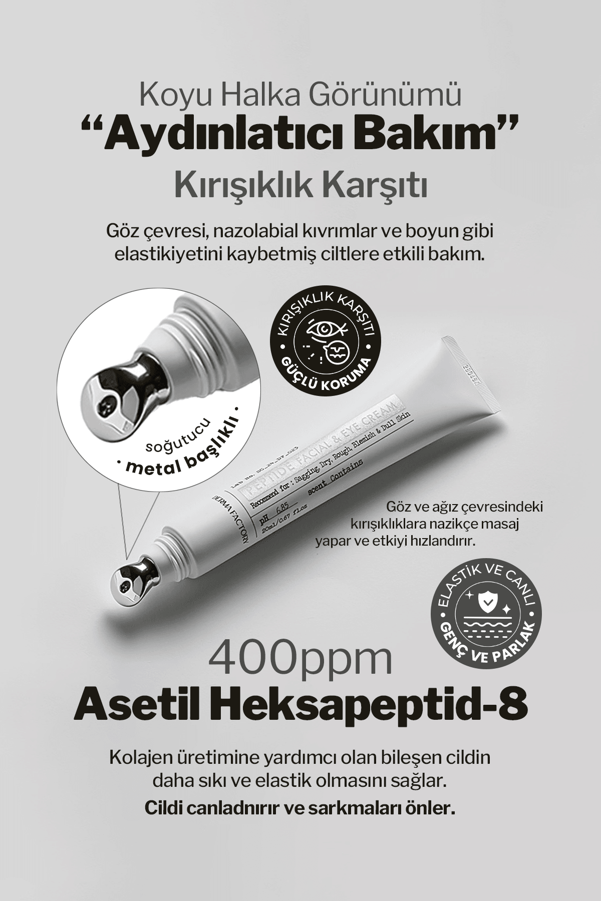 Peptit İçeren Sıkılaştırıcı Masaj Başlıklı Göz ve Yüz Kremi Derma Factory Peptide 20ml