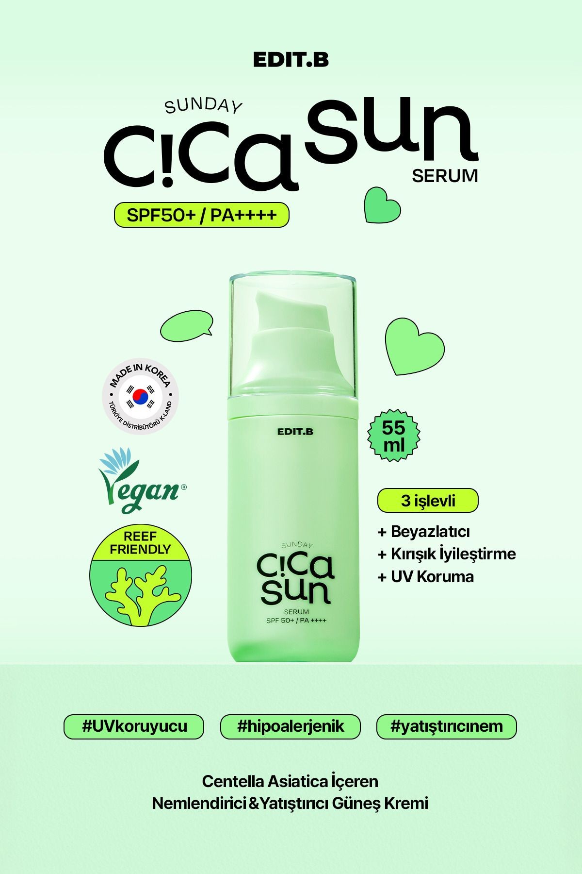 Cica ve Hyalüronik Asit İçeren Nemlendirici SPF50+ Güneş Korumalı Yatıştırıcı EDIT.B Sun Serum 55 ML