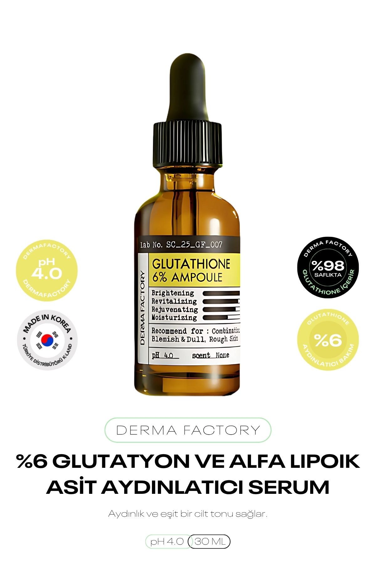 %6 Glutatyon ve Alfa Lipoik Asit İçeren Aydınlatıcı Serum Derma Factory Glutathione %6 Ampoule