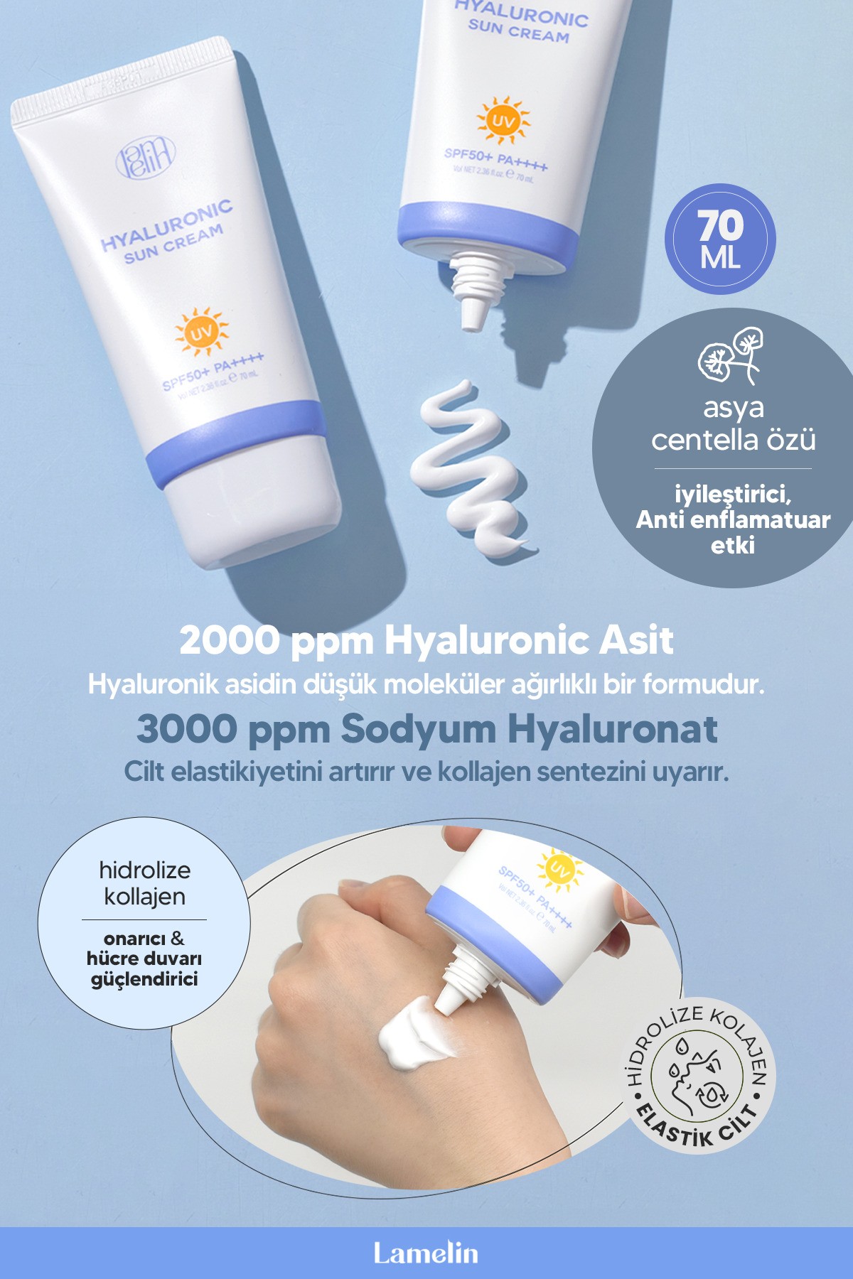 Hyaluronic Acid İçeren Nemlendirici Güneş Kremi Lamelin Hyaluronic Sun Cream Büyük Boy 70ml