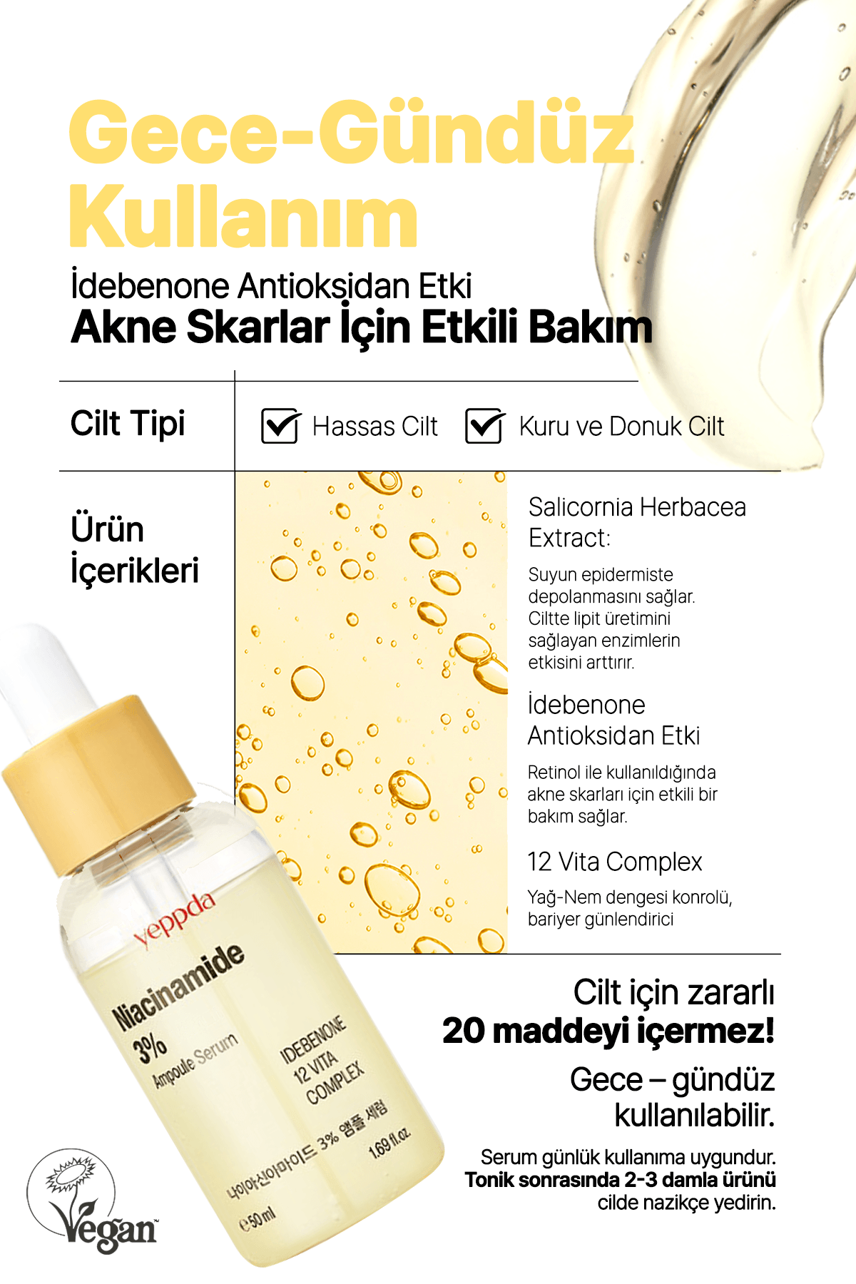 %3 Niacinamide İçeren Aydınlatıcı Vegan Serum Yeppda Niacinamide %3 Ampoule Serum 50ml Büyük Boy