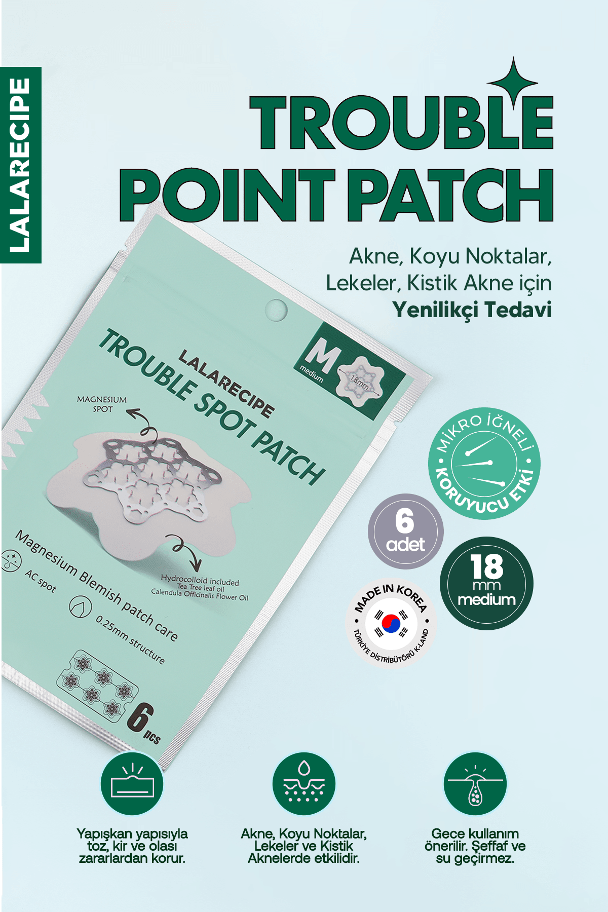 Mikro Magnezyum İğneli Sivilce Bandı LALARECIPE Trouble Spot Patch Medium 6 adet