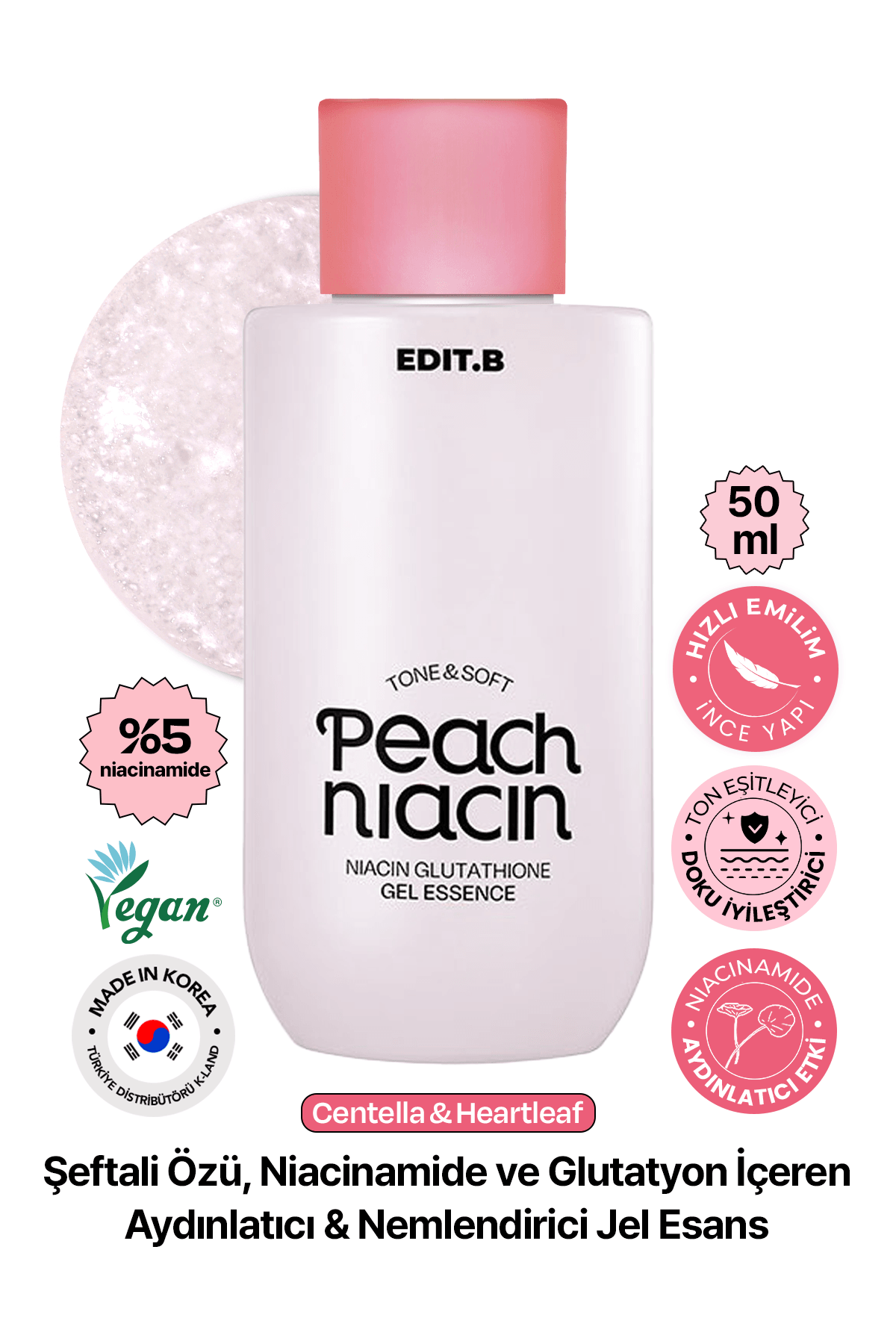 Niasinamid ve Glutatyon İçeren Aydınlatıcı Jel Esans Edit.b Peach Niacin Glutathione Gel