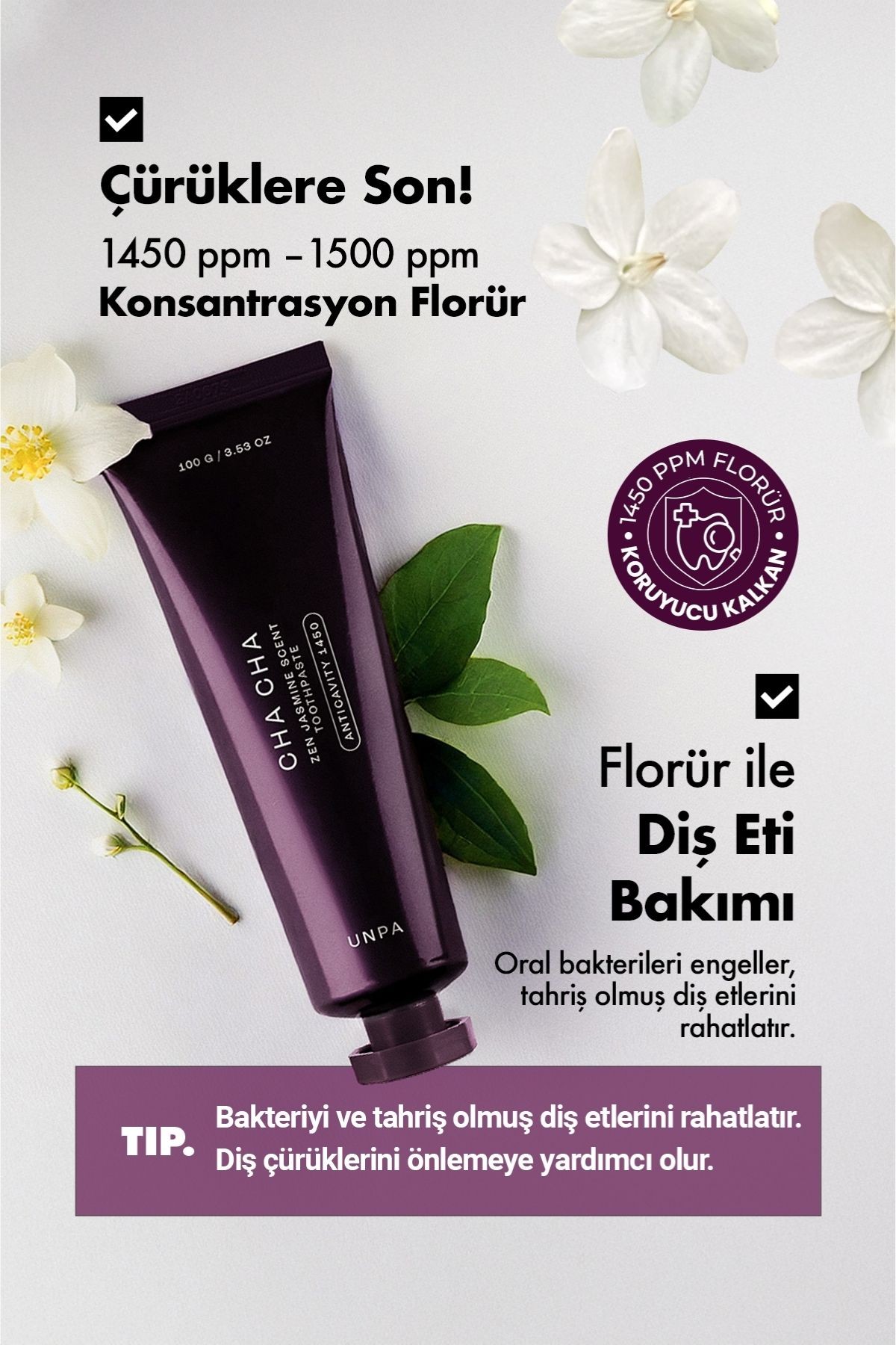 Florür İçeren Yasemin Çiçeği Rahatlatıcı Vegan Kore Diş Macunu UNPA Cha Cha Zen Jasmine Toothpaste