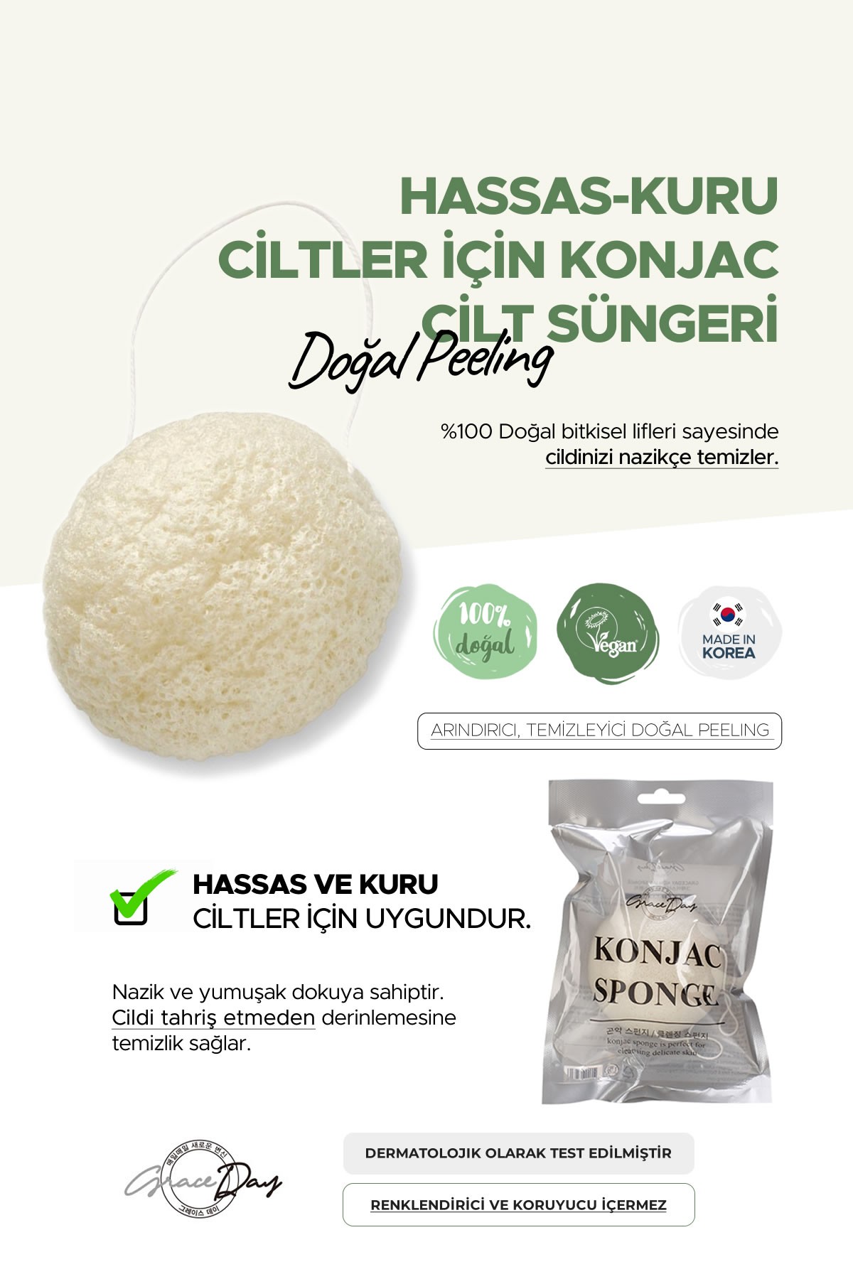 Kuru, Hassas Cilt Arındırıcı ve Temizleyici Konjac Sünger %100 Doğal Peeling GRACE DAY Konjac Sponge