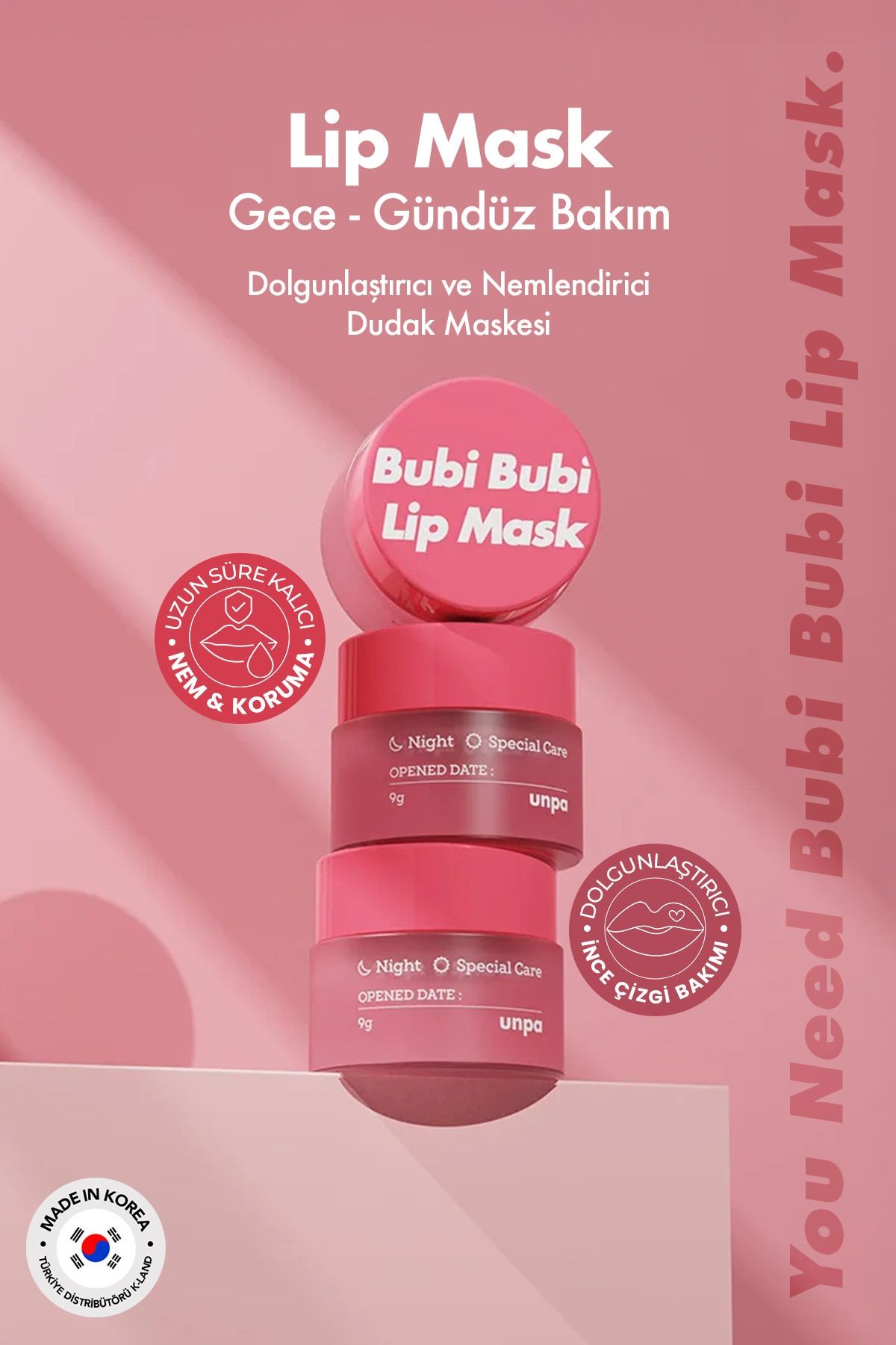Dolgunlaştırıcı ve Nemlendirici UNPA Dudak Maskesi Bubi Bubi Lip Mask