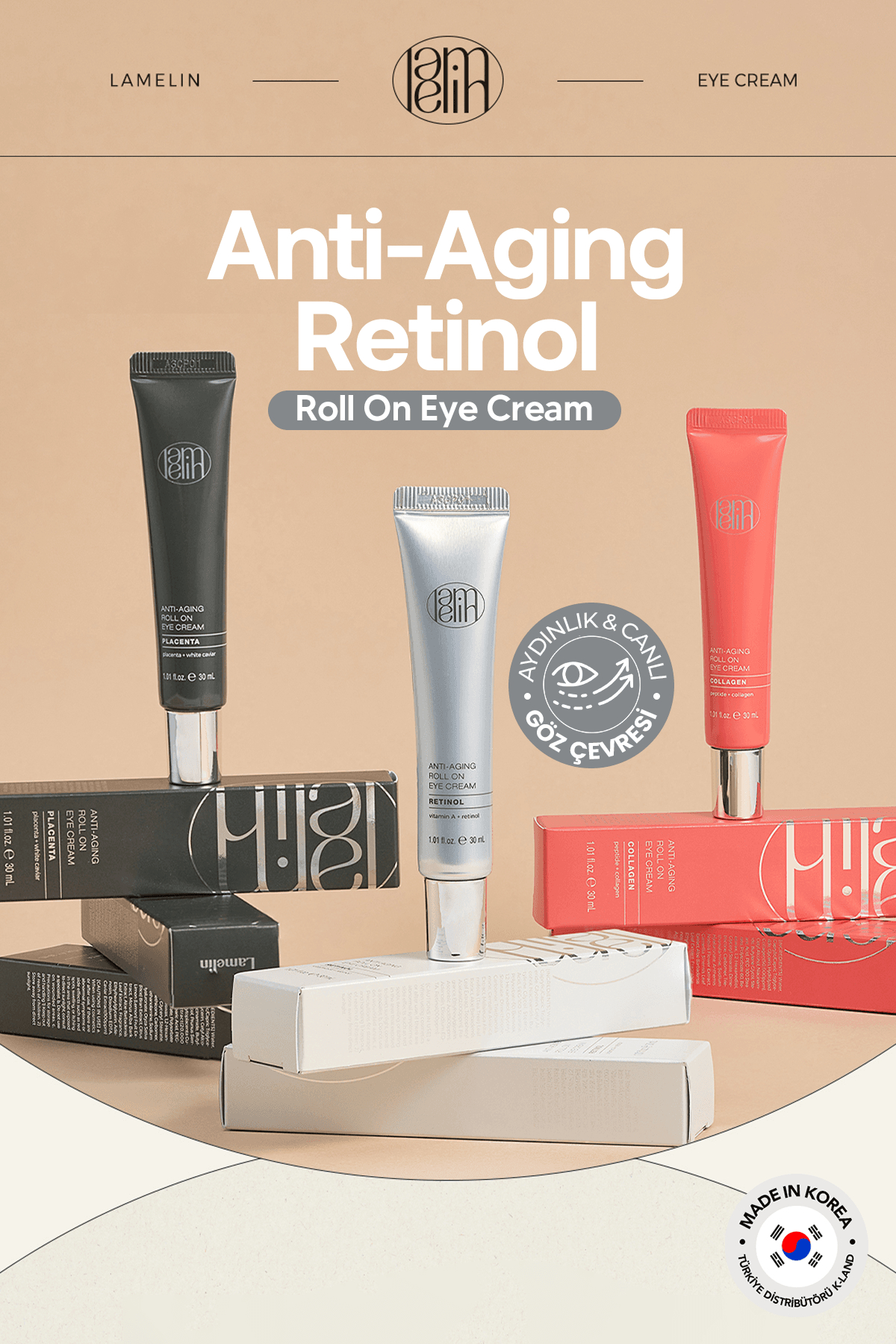 Milia ve Leke Karşıtı 3'lü Masaj Başlıklı Retinol Göz Kremi Lamelin Roll On Retinol Eye Cream