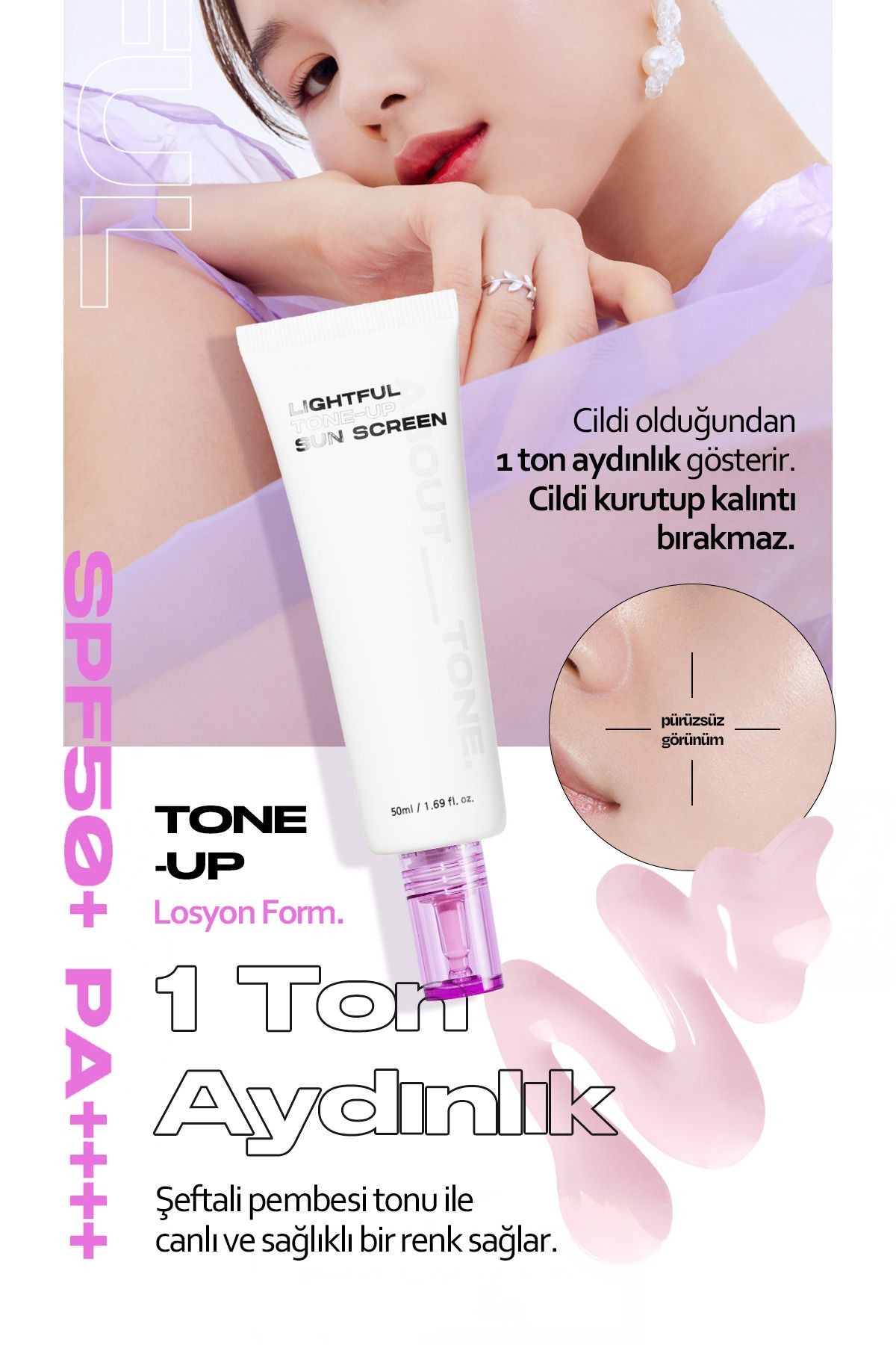 Şeftali Pembe Aydınlatıcı Ton Eşitleyici Vegan Güneş Kremi ABOUT TONE Lightful Toneup SunScreen 50ml