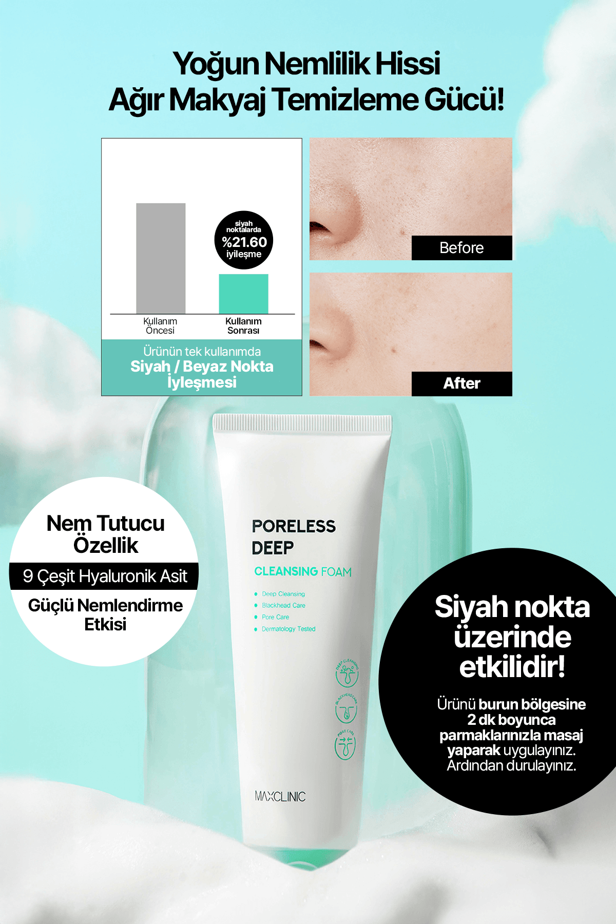 Gözenek ve Siyah Nokta İçin Yüz Temizleme Köpüğü Maxclinic Poreless Deep Cleansing Foam
