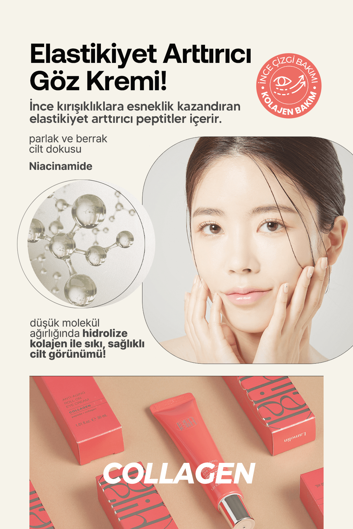 Yaşlanma Karşıtı 3'lü Masaj Başlıklı Kolajen Göz Kremi Lamelin Roll On Collagen Eye Cream