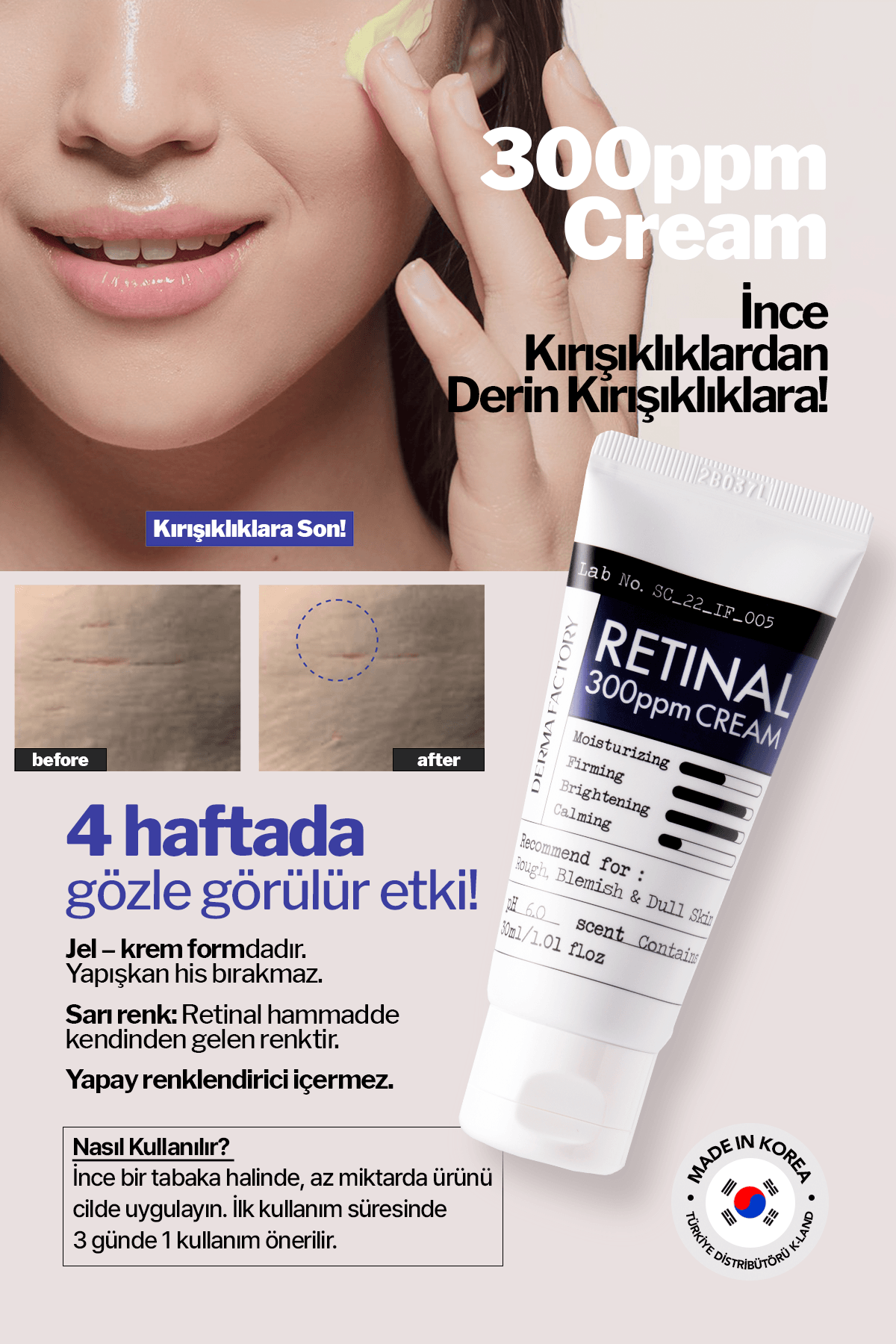 0.03 Retinal İçeren Leke ve Kırışıklık Bakım Kremi Derma Factory Retinal 300 PPM Cream 30ml