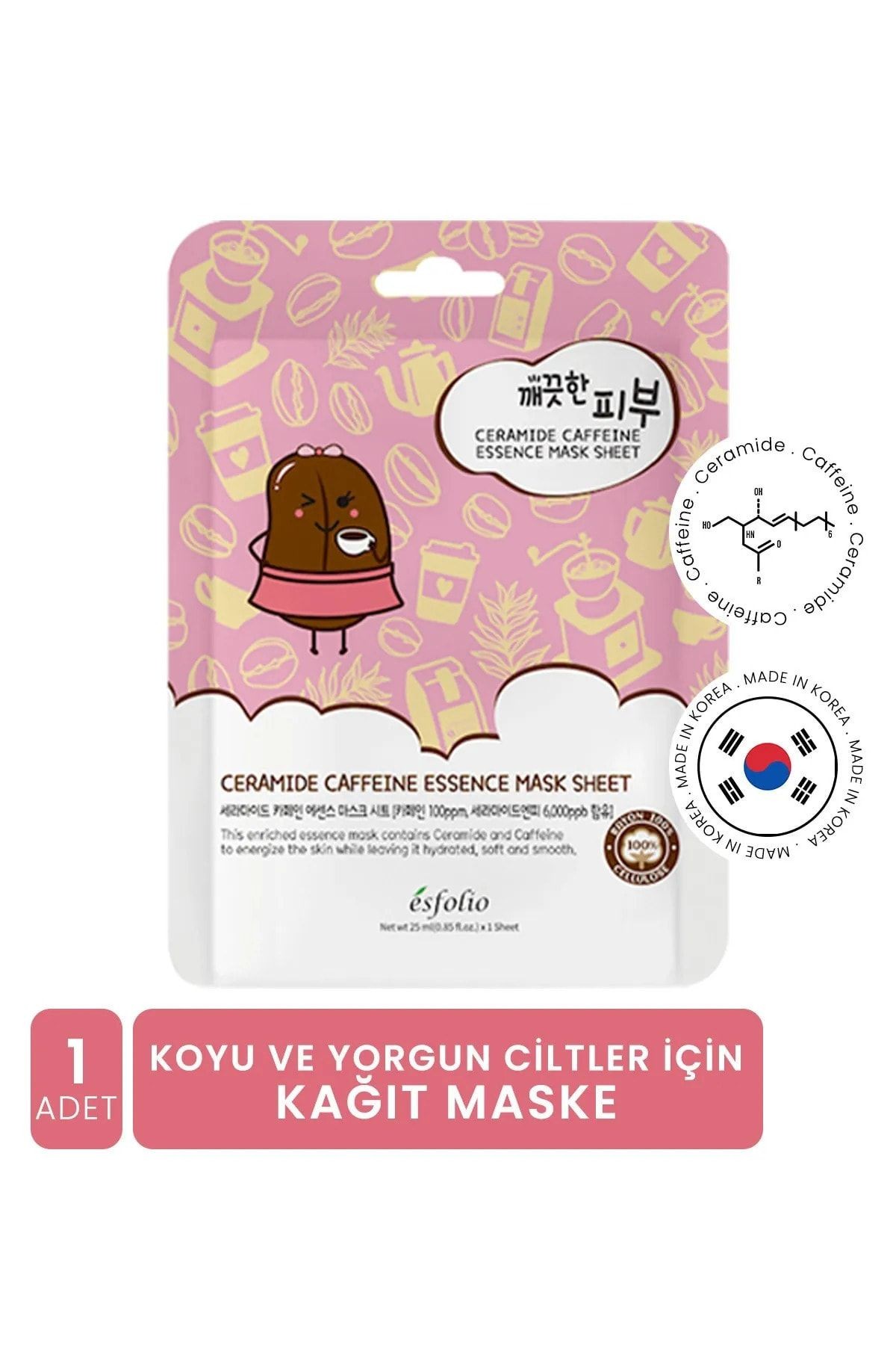 Kafein ve Seramid içeren Koyu ve Yorgun Citler İçin Kağıt Maske Esfolio Ceramide Caffeine Mask