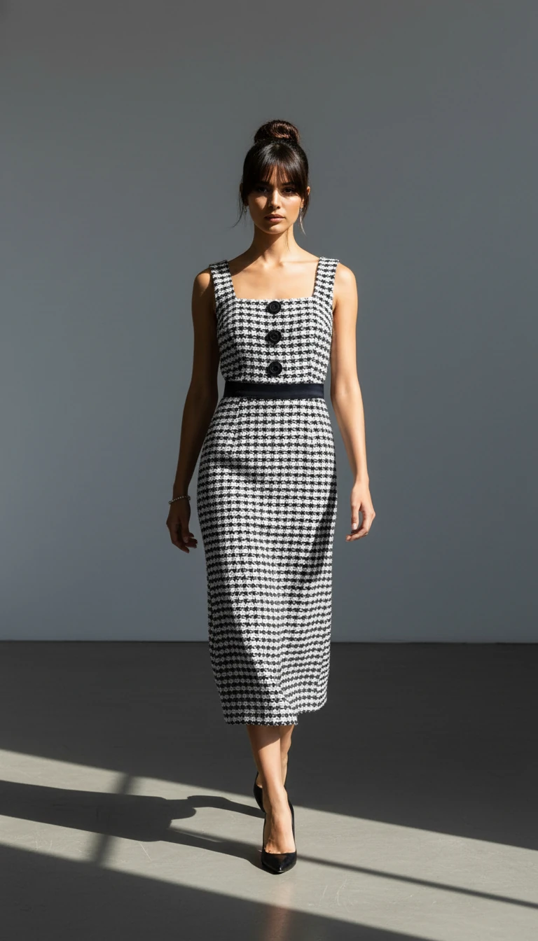 Kazayağı Desenli Yandan Fermuarlı Elbise