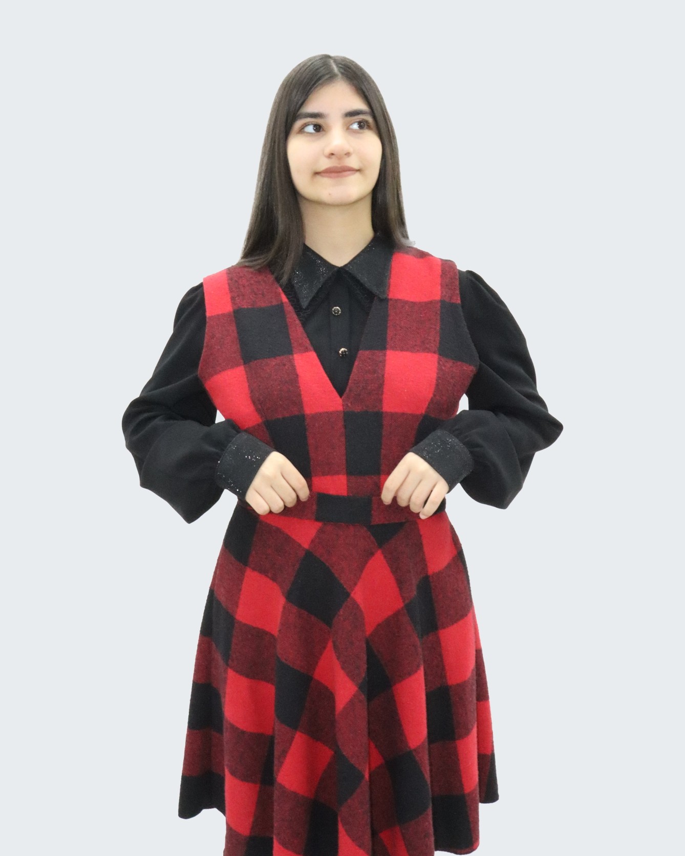 Stamp V-Neck Belted Lumberjack Fabric Mini Dress