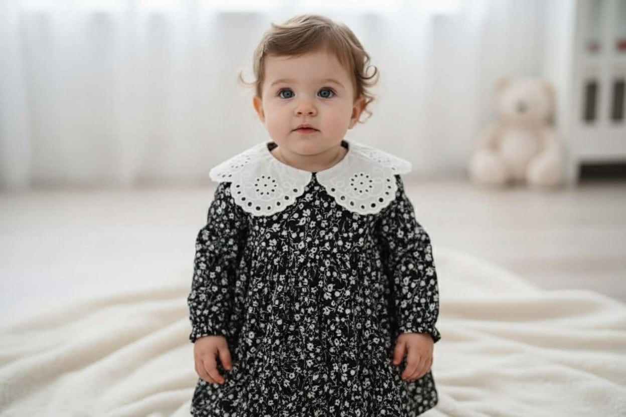 Bebek Elbisesi Fisto Yaka Beyaz Çiçek Desen Detaylı