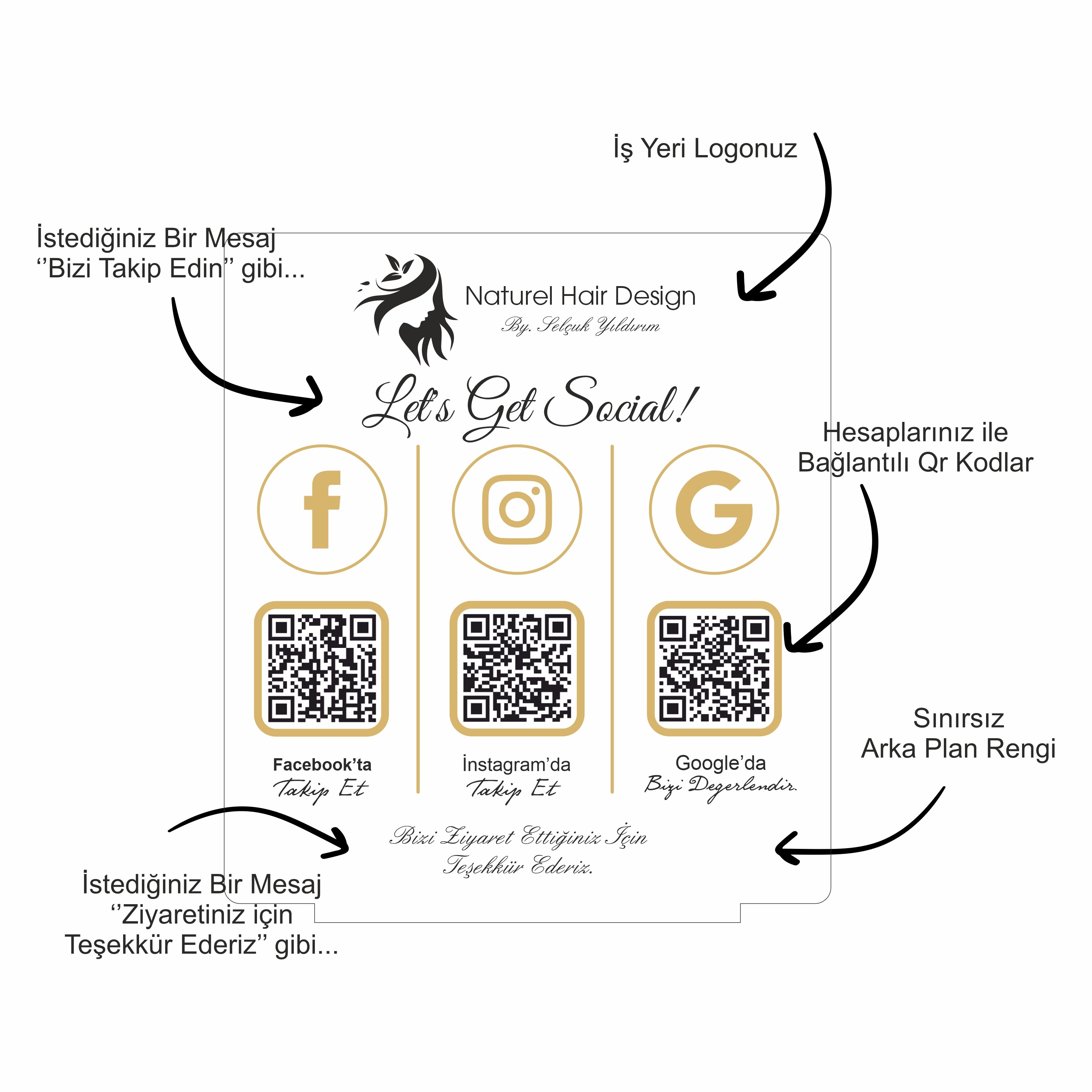 Çoklu QR kodlu İşyeri Sosyal Medya Tabelası - Açık Turuncu - Beyaz Zemin