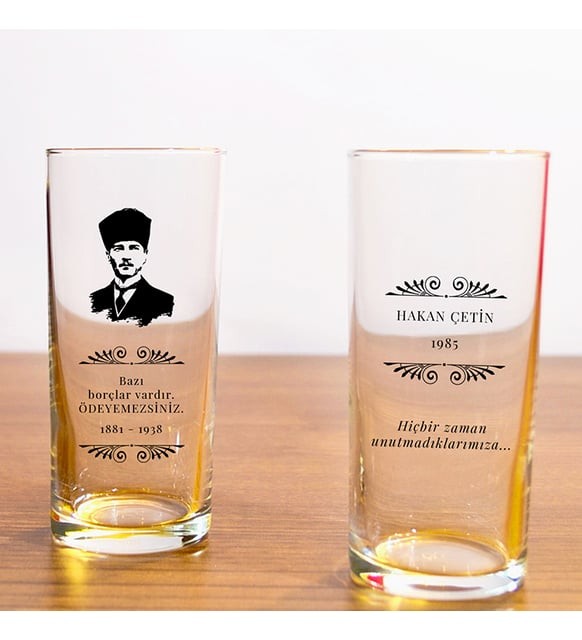 Atatürk Baskılı Kişiye Özel Ahşap Kutuda 2'li Rakı Bardağı Seti