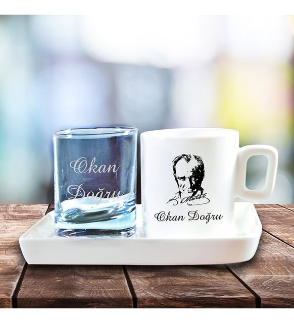 Atatürk Silueti ve İmzası Baskılı İsme Türk Kahvesi Fincanı ve Bardağı