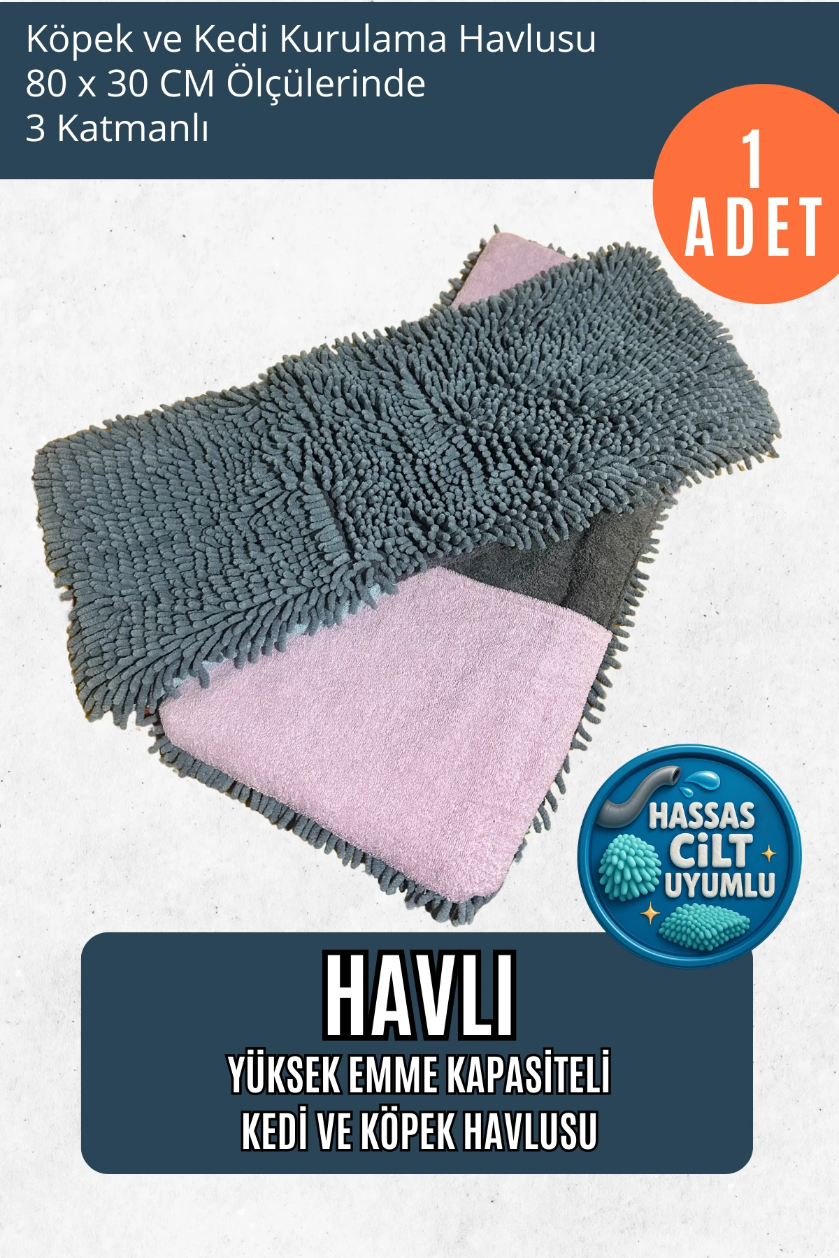 Havlı - 80x30 CM Yüksek Su Emme Kapasiteli Köpek ve Kedi Kurulama Havlusu
