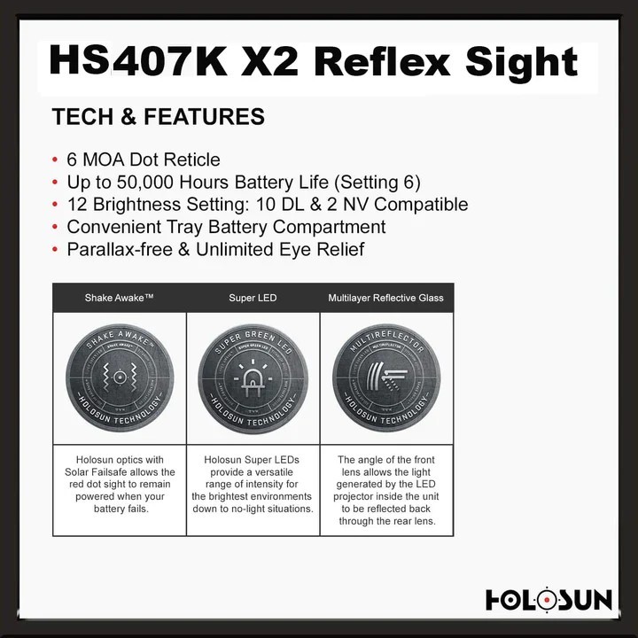 Holosun HS407K X2 Refleks Red Dot (6 MOA)