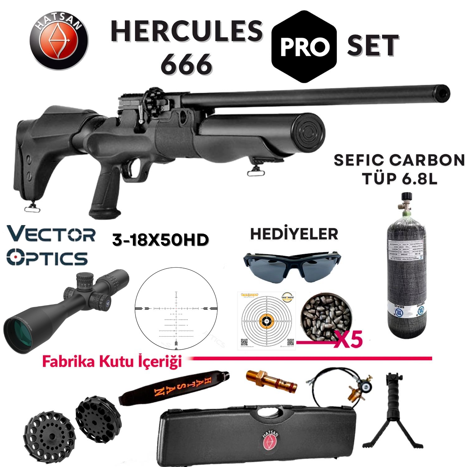 Hatsan Hercules 666 6.35 PCP Carbon Tüplü PRO Havalı Tüfek Seti