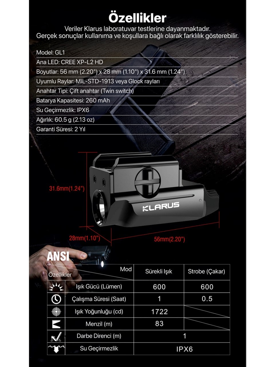 Klarus Micro Pistal GL1 600 Lümen Tabanca Feneri