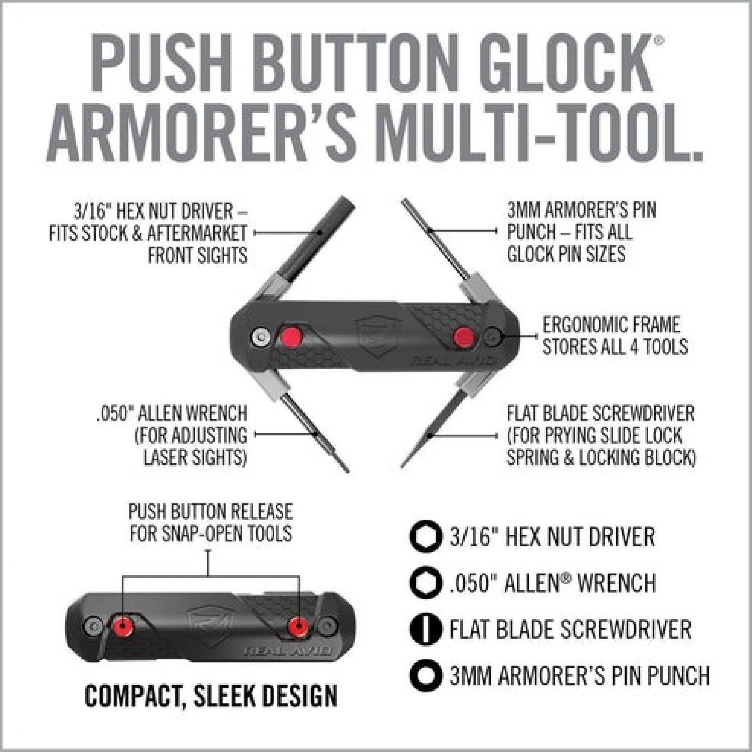 REAL AVID 4-In-1 Tool™ For Glock* Push Buton specific tools.