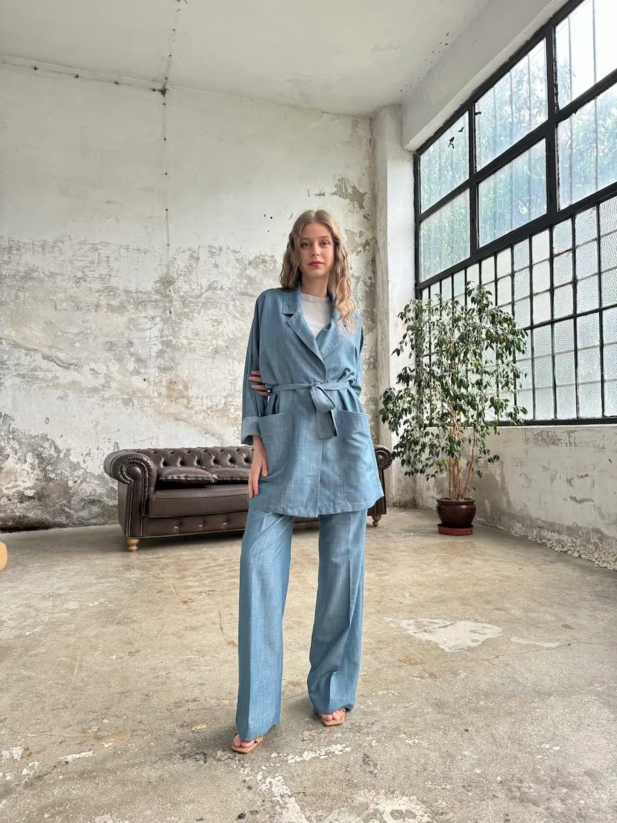 Light Blue Look Jeans Blazer Light Blue Linen Short Sleeve Blazer - Main Image