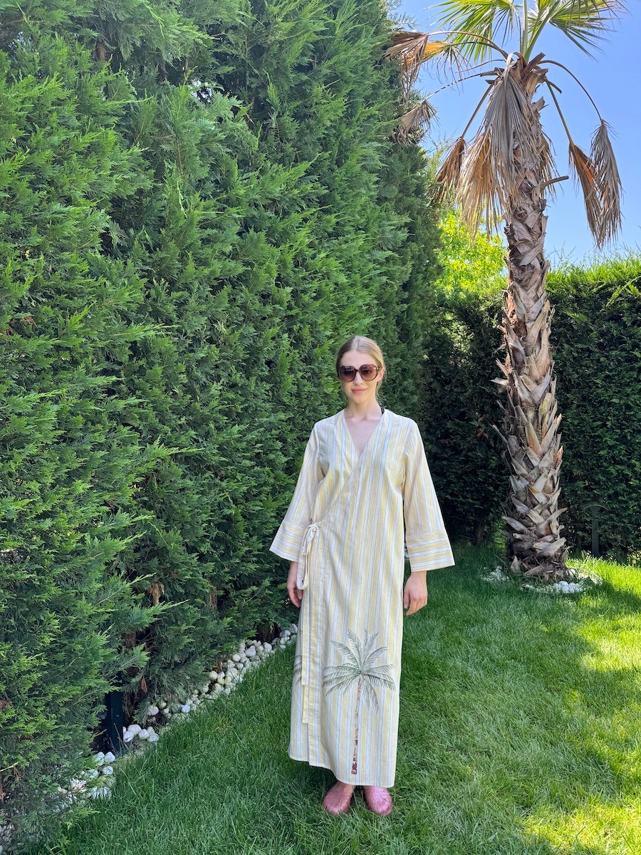 Standart Beden Pastel Sarı Çizgili Keten Palmiye Kimono