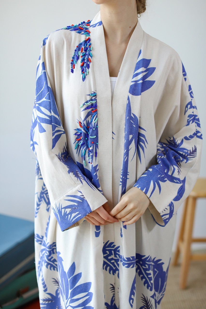 Keten Karışımlı Palmiye Kimono