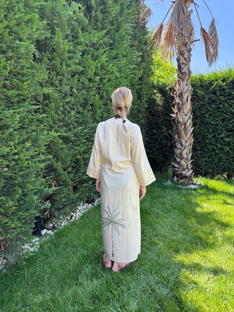 Standart Beden Pastel Sarı Çizgili Keten Palmiye Kimono