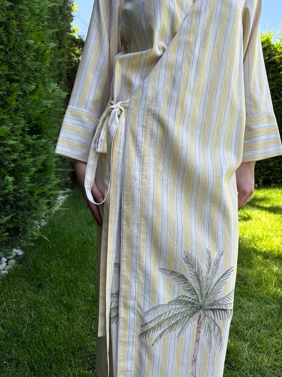 Standart Beden Pastel Sarı Çizgili Keten Palmiye Kimono