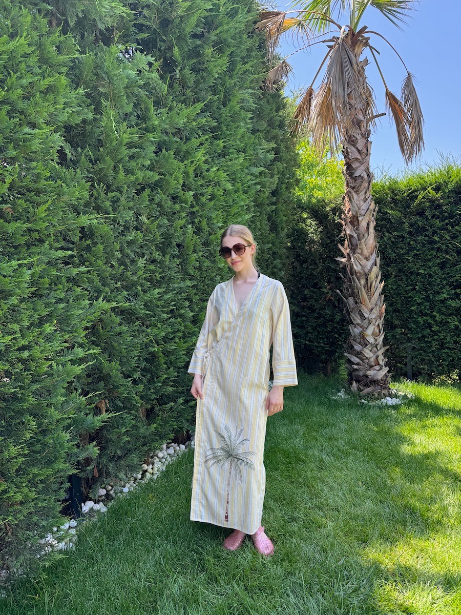 Standart Beden Pastel Sarı Çizgili Keten Palmiye Kimono