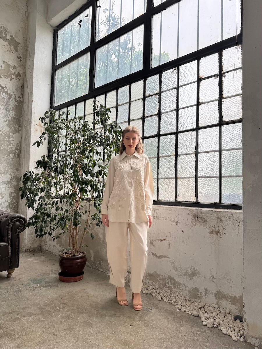 İncili Keten Oversize Gömlek