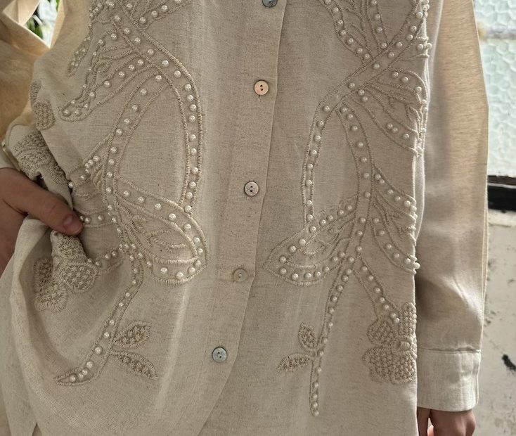 İncili Keten Oversize Gömlek