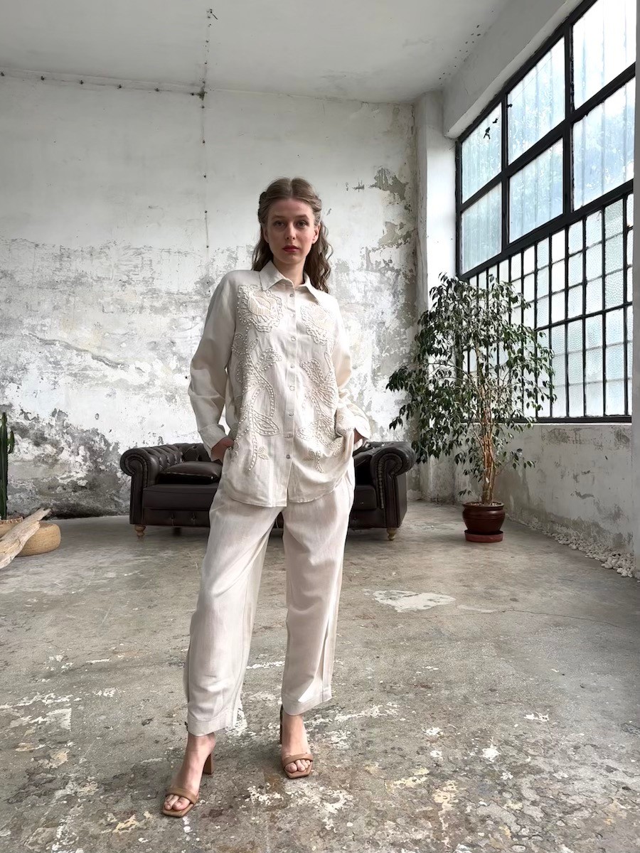 İncili Keten Oversize Gömlek