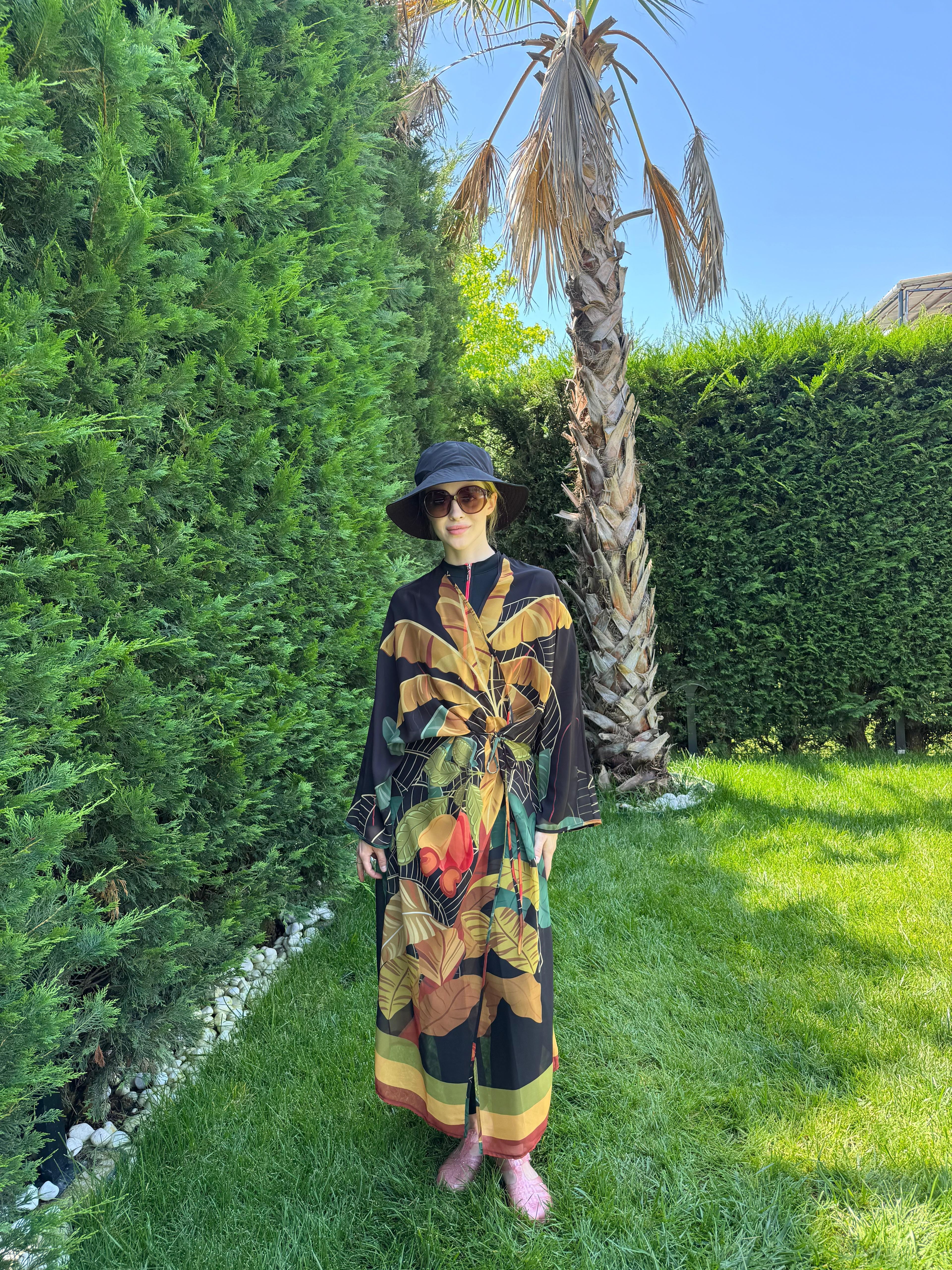 Siyah Palmiye Desen Şifon Kimono