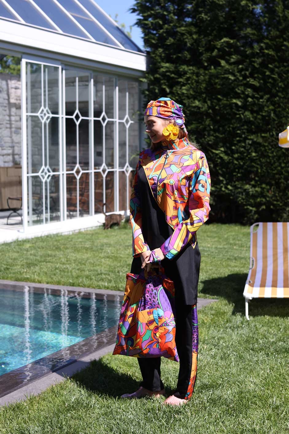 Pineapple Patterned Black Hooded Hijab Swimsuit