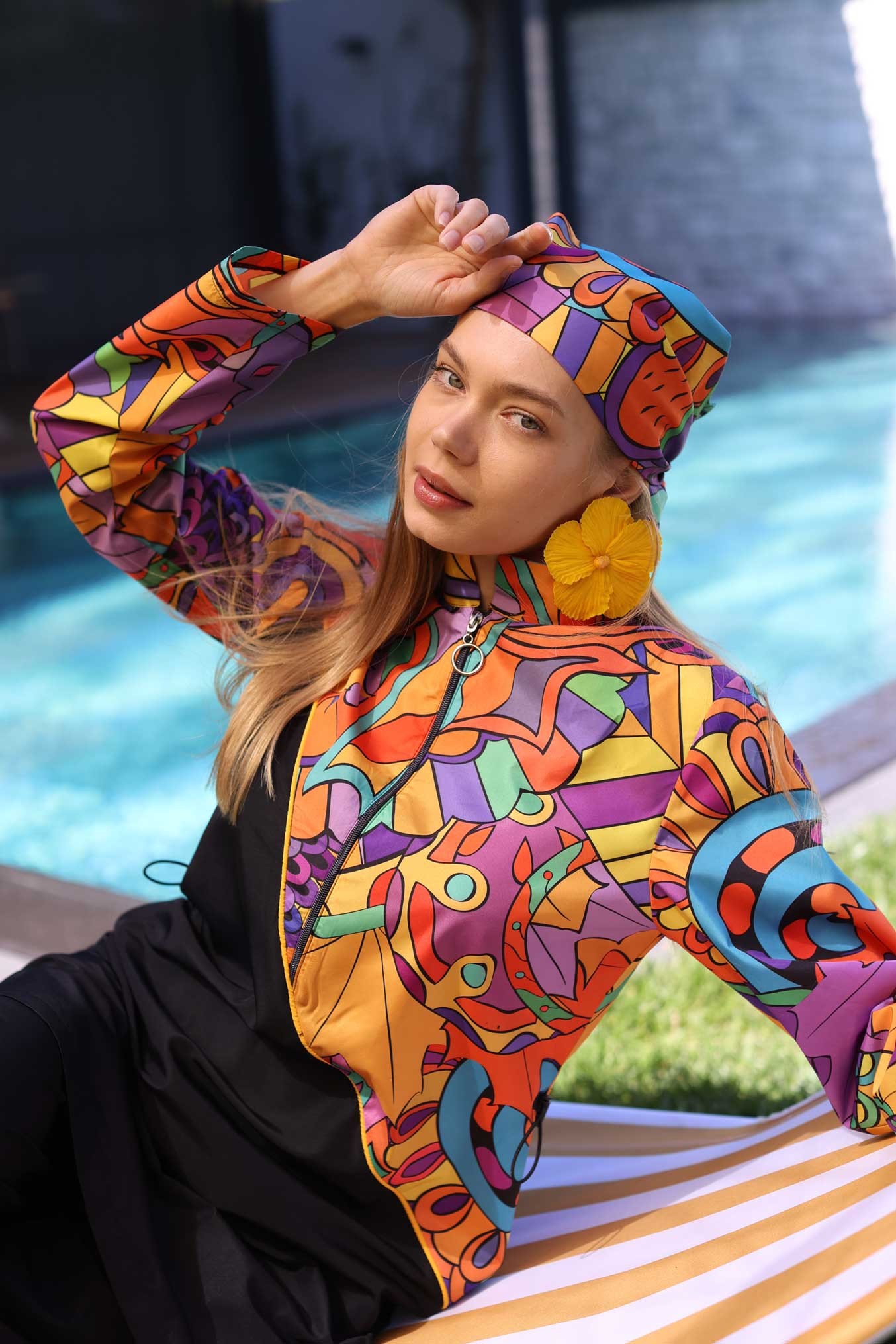 Pineapple Patterned Black Hooded Hijab Swimsuit