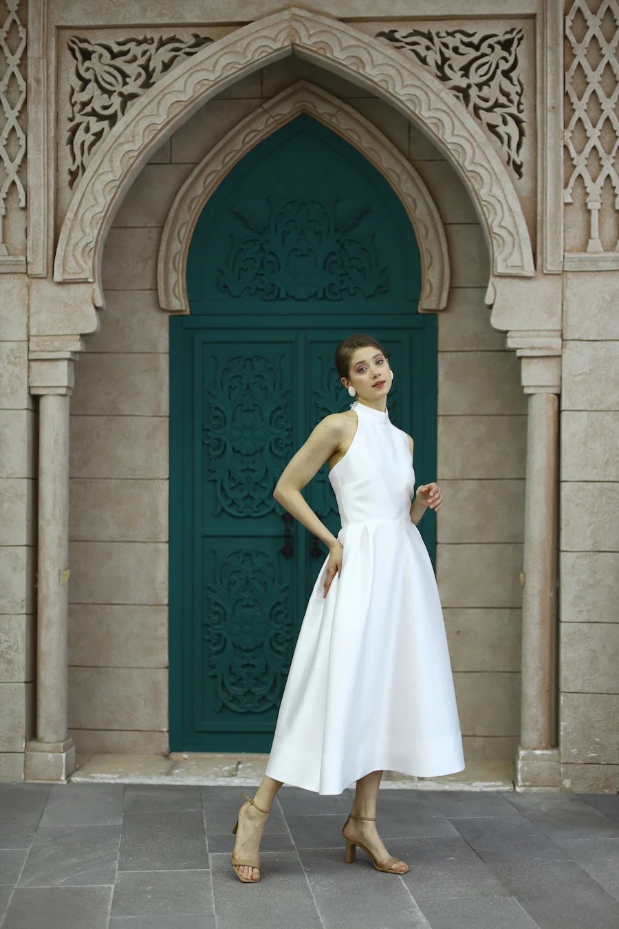 Halter Yaka Midi Boy Elbise - EKRU